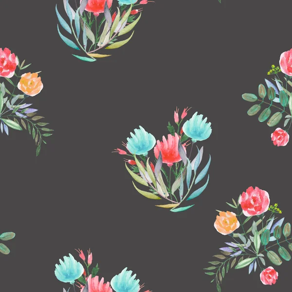 Seamless pattern with the simple watercolor floral bouquets on a dark background — Stock Photo, Image