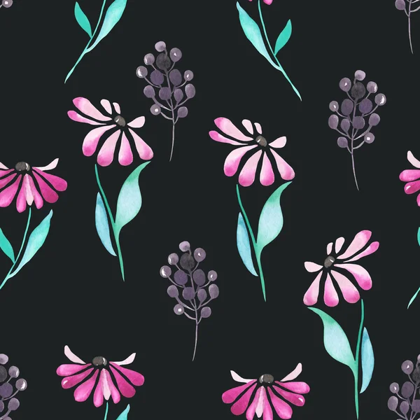 어두운 배경에 간단한 수채화 핑크 꽃으로 완벽 한 패턴 — 스톡 사진