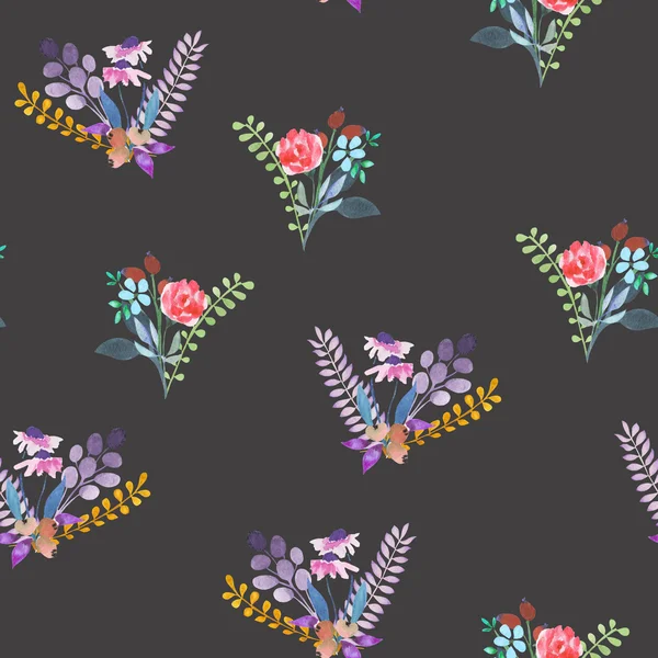 Wzór z prostych akwarela bukiety kwiatowe na ciemnym tle — Zdjęcie stockowe