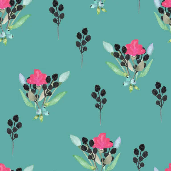 Nahtloses Muster mit den einfachen Aquarell-Blumensträußen auf grünem Hintergrund — Stockfoto