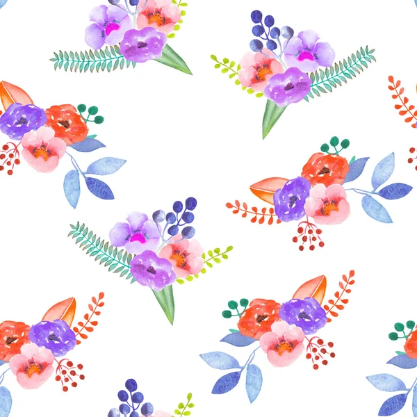 Seamless pattern with the simple watercolor floral bouquets on a white background — Stock Photo, Image