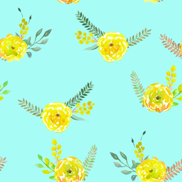 Patrón sin costuras con los ramos florales simples de acuarela de flores amarillas sobre un fondo turquesa — Foto de Stock