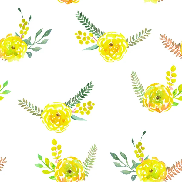 Patrón sin costuras con los sencillos ramos florales de acuarela de flores amarillas sobre un fondo blanco —  Fotos de Stock