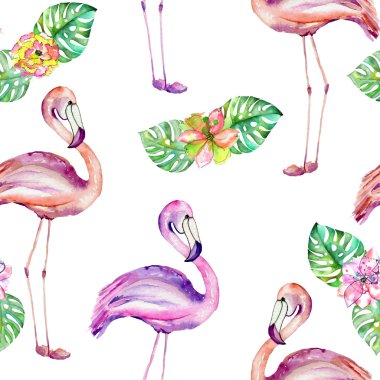 Flamingo ve egzotik çiçekler ile Seamless Modeli