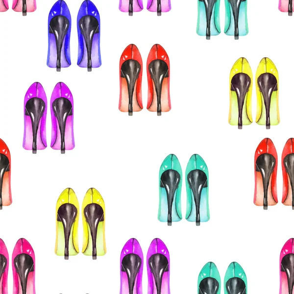 Απρόσκοπτη ακουαρέλα μοτίβο με τα γυναικεία παπούτσια στα τακούνια — Φωτογραφία Αρχείου