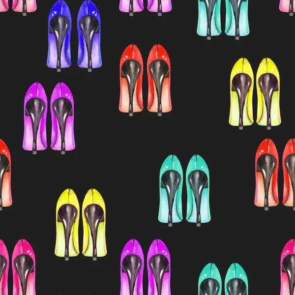 Απρόσκοπτη ακουαρέλα μοτίβο με τα γυναικεία παπούτσια στα τακούνια. — Φωτογραφία Αρχείου