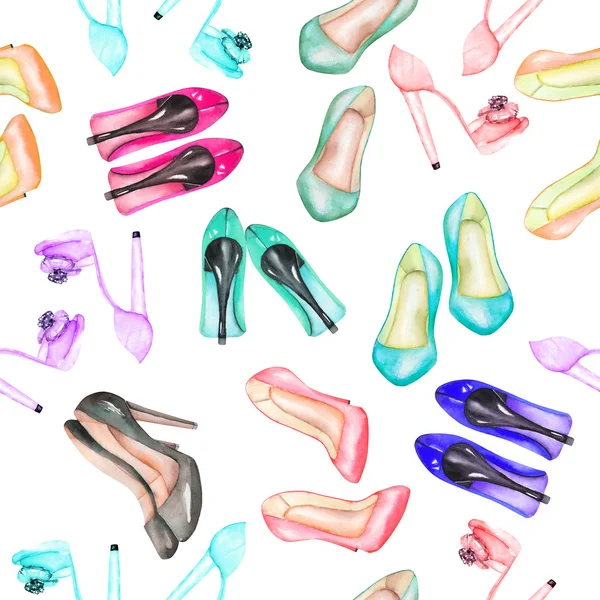 Απρόσκοπτη ακουαρέλα μοτίβο με τα γυναικεία παπούτσια στα τακούνια — Φωτογραφία Αρχείου