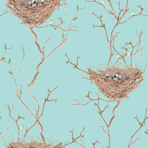 Seamless pattern of the watercolor bird nests on the tree branches, hand drawn on a blue background — Stock Photo, Image