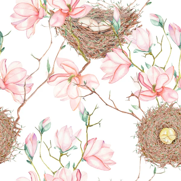 Seamless pattern of the watercolor bird nests on the tree branches with magnolia flowers, hand drawn on a white background — Stock Photo, Image