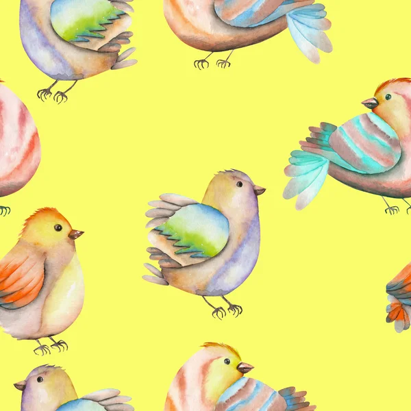Бесшовный рисунок акварельных птиц на желтом фоне — стоковое фото