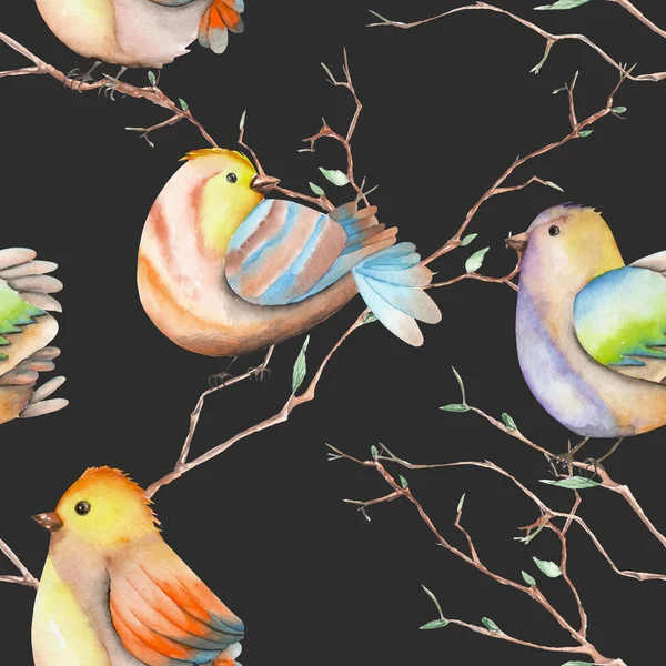 Бесшовный рисунок акварельных птиц на ветвях, нарисованных вручную на темном фоне — стоковое фото