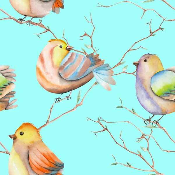 Bezszwowy wzór ptaków akwarela na gałęziach, ręcznie rysowane na niebieskim tle — Zdjęcie stockowe