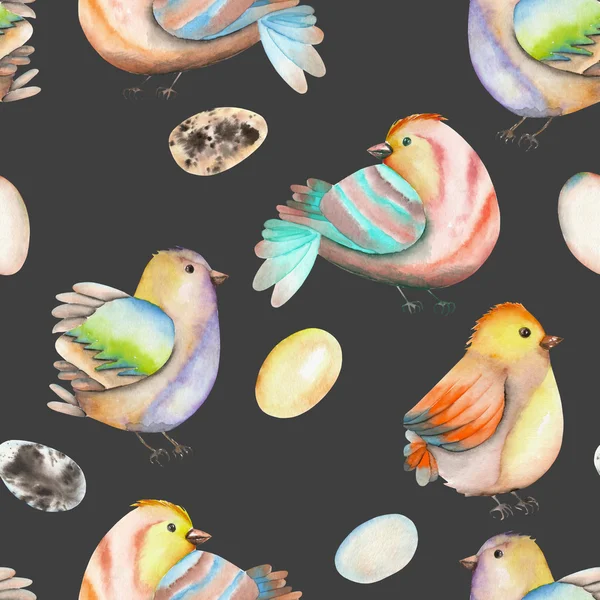 Бесшовный рисунок акварельных птиц и яиц, нарисованных вручную на темном фоне — стоковое фото
