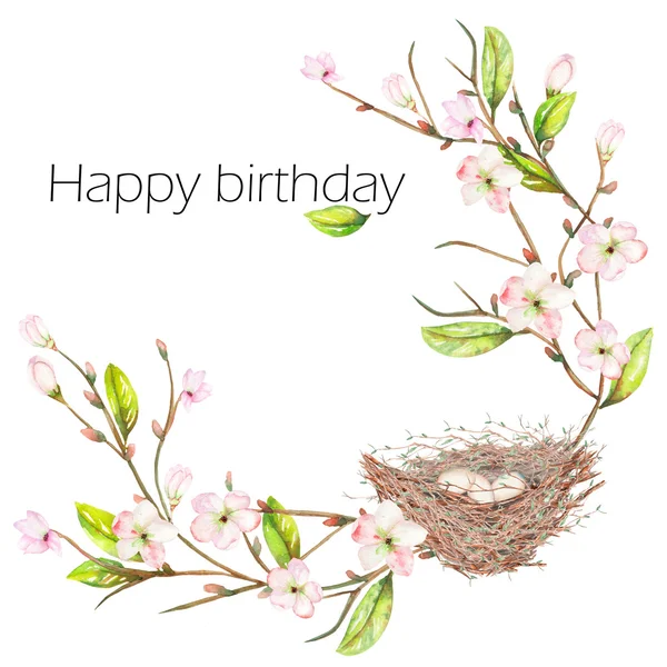 Template postcard of the watercolor bird nest with eggs on the apple tree branches, hand drawn isolated on a white background, greeting card or invitation — Stock Image Template postcard of the watercolor bird nest with eggs on the apple tree branches, hand drawn isolated on a white background, greeting card or invitation Stock Photo