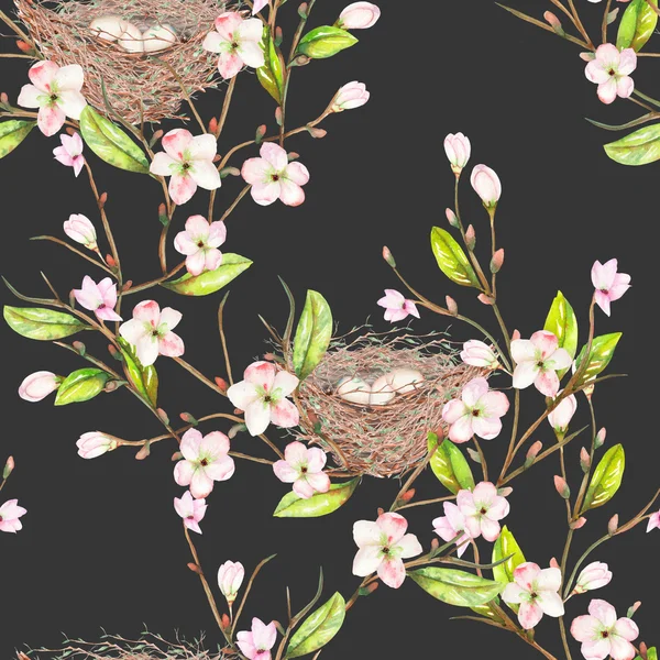 Seamless pattern of the watercolor bird nests on the branches with spring flowers, hand drawn on a dark background — Stock Image Seamless pattern of the watercolor bird nests on the branches with spring flowers, hand drawn on a dark background Stock Image