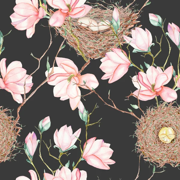 Seamless pattern of the watercolor bird nests on the tree branches with magnolia flowers, hand drawn on a dark background — Stock Image Seamless pattern of the watercolor bird nests on the tree branches with magnolia flowers, hand drawn on a dark background Royalty Free Stock Photos
