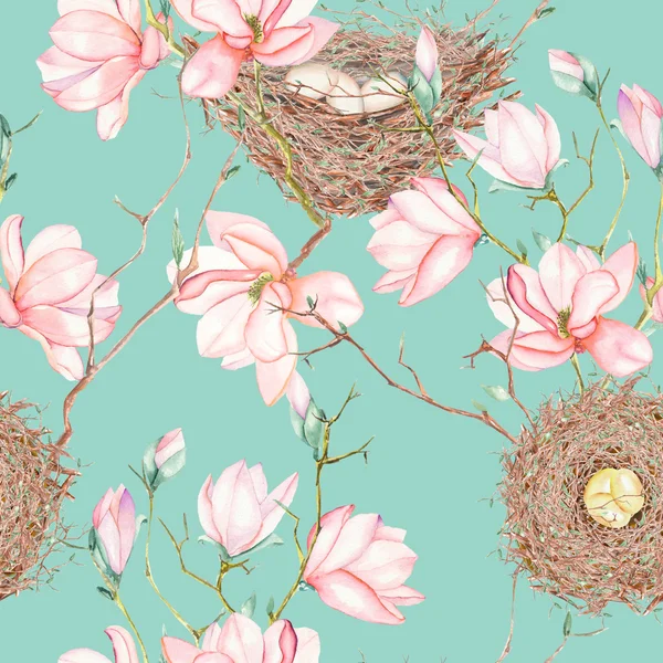 Seamless pattern of the watercolor bird nests on the tree branches with magnolia flowers, hand drawn on a blue background — Stock Image Seamless pattern of the watercolor bird nests on the tree branches with magnolia flowers, hand drawn on a blue background Stock Image