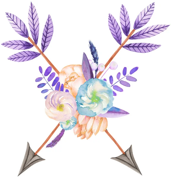 Декоративный букет с цветочными элементами акварели: суккуленты, цветы, листья, стрелки и ветви — стоковое фото