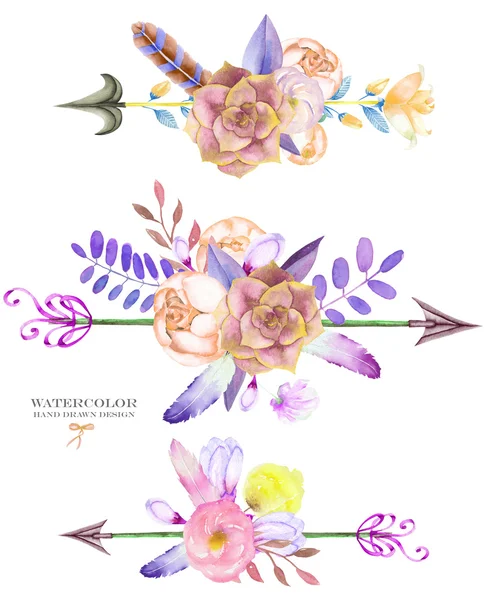 Um buquês decorativo com os elementos florais aquarela: suculentas, flores, folhas, penas, flechas e ramos — Fotografia de Stock