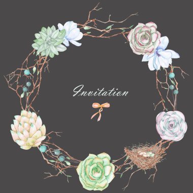 Bir daire çerçeve, suluboya çiçekler, ağaç dalları ve sulu boyaile çelenk, el koyu bir arka plan üzerine çizilmiş