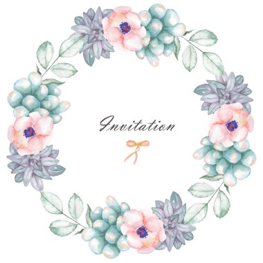 Bir daire çerçeve, suluboya çiçekler ve sulu boya ile çelenk, el beyaz bir arka plan üzerine çizilmiş