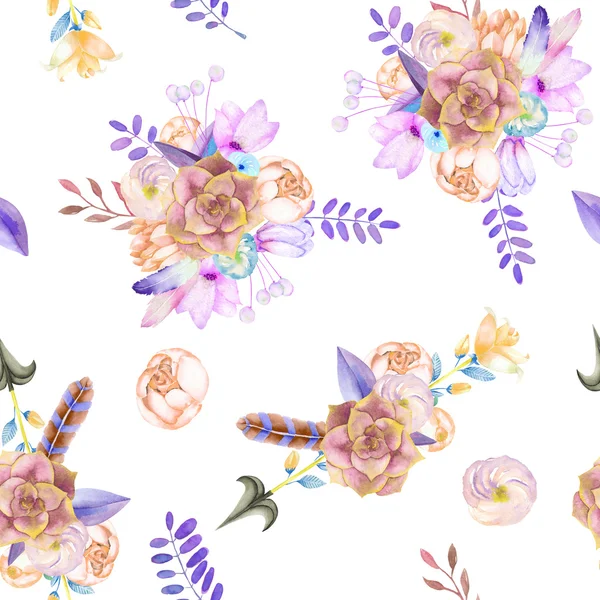 与紫色花、叶、羽毛、箭头和树枝的无缝图案 — 图库照片