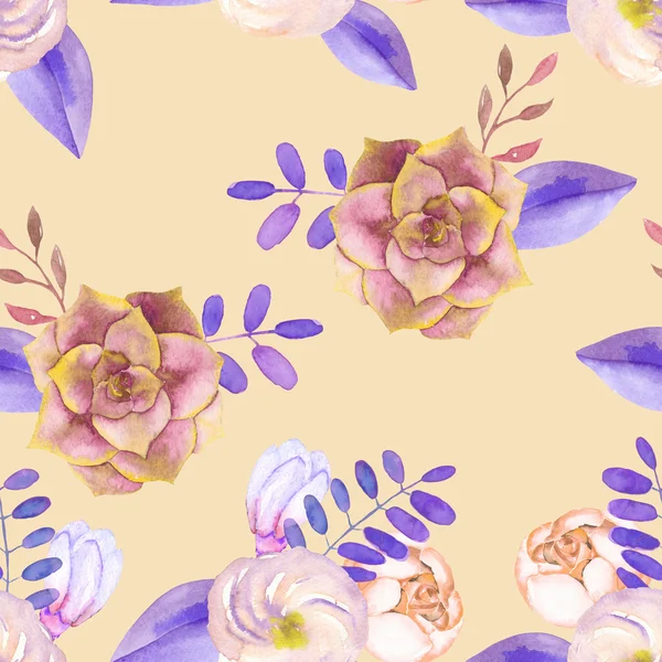 Un patrón sin costuras con flores púrpuras, hojas y ramas — Foto de Stock