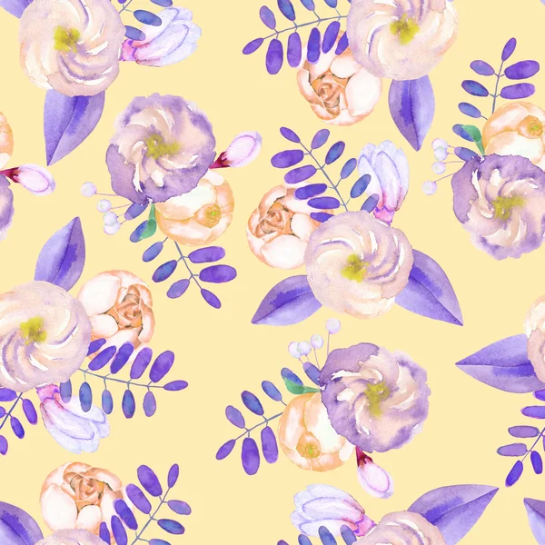 Un patrón sin costuras con flores púrpuras, hojas y ramas — Foto de Stock