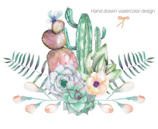 A decorative bouquet with the watercolor floral elements: succulents, flowers, leaves and branches — Stock Photo, Image