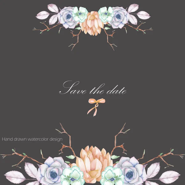 A template of a postcard, decorative place (banner) with a floral ornament of the watercolor succulents, flowers, tree branches and leaves — Stock Photo, Image