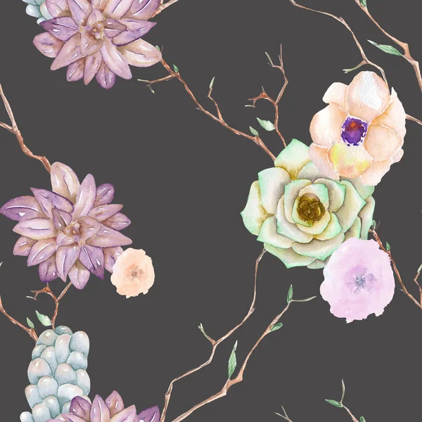 A seamless pattern with the succulents, flowers, leaves and branches — Zdjęcie stockowe