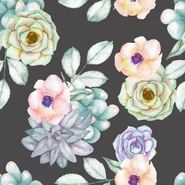 A seamless pattern with the succulents, flowers, leaves and branches — Stockfoto