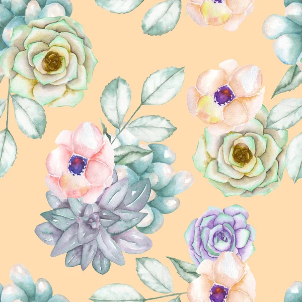 A seamless pattern with the succulents, flowers, leaves and branches — Stok fotoğraf