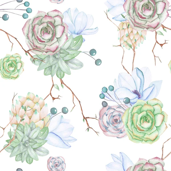 A seamless pattern with the succulents, flowers, leaves and branches — 스톡 사진