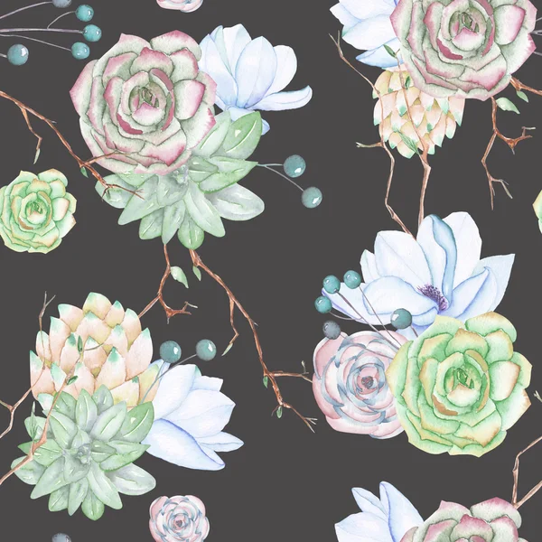 Ein nahtloses Muster mit den Sukkulenten, Blüten, Blättern und Zweigen — Stockfoto