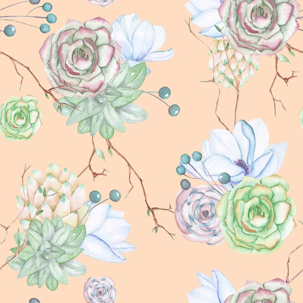 A seamless pattern with the succulents, flowers, leaves and branches — Stock fotografie