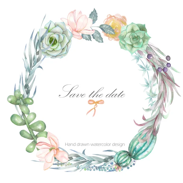 Un cadre circulaire, couronne, bordure cadre avec les fleurs aquarelles et succulentes, invitation de mariage — Photo