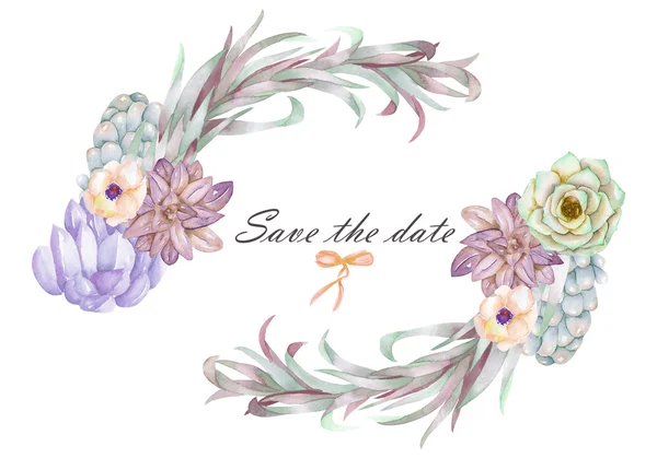 Uma armação de círculo, grinalda, borda de armação com as flores de aquarela e suculentas, convite de casamento — Fotografia de Stock