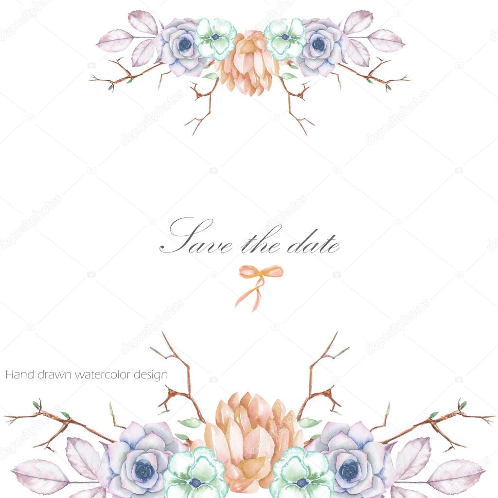 A template of a postcard, decorative place (banner) with a floral ornament of the watercolor succulents, flowers, tree branches and leaves