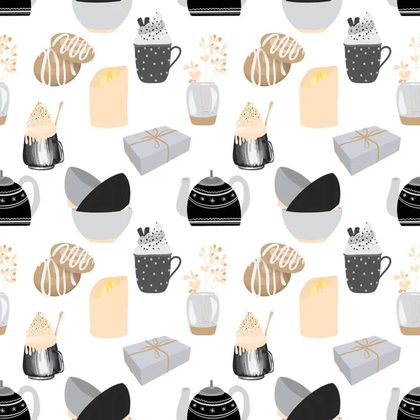 Seamless pattern of danish elements in scandinavian style, hygge style concept, hand drawn illustration on a white background