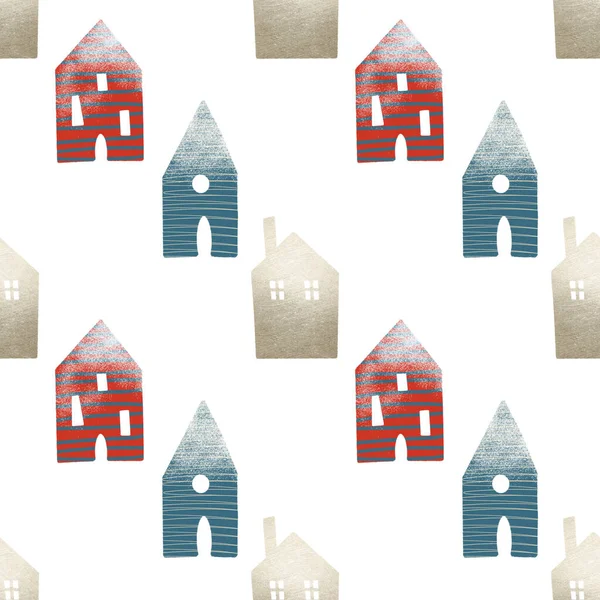 Płynny Wzór Cute Domów Dekoracje Świąteczne Stylu Skandynawskim Ręcznie Rysowane — Zdjęcie stockowe