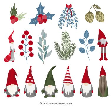 İskandinav trolleri ve kış bitkilerinin bembeyaz bir arka planda el çizimi, Noel cüceleri seti