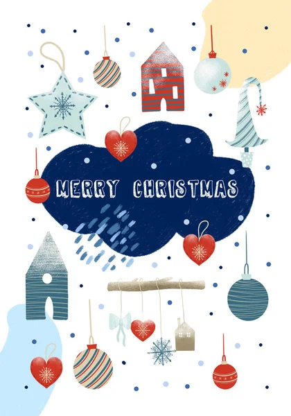 Merry Christmas Greeting Winter Card Scandinavian Style Hand Drawn Decorative — Stock Photo, Image