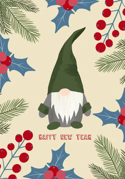 Feliz Ano Novo Cartão Saudação Estilo Escandinavo Com Mão Desenhada — Fotografia de Stock