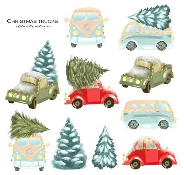 Natale Retro Camion Auto Collezione Illustrazione Disegnata Mano Sfondo Bianco — Foto Stock