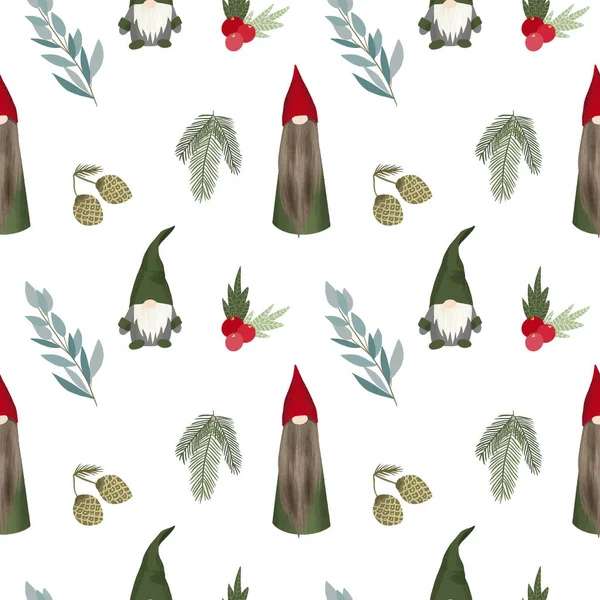 Christmas Scandinavian Trolls Floral Elements Seamless Pattern Hand Drawn White — Stock Photo, Image