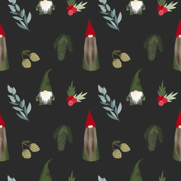Christmas Scandinavian Trolls Floral Elements Seamless Pattern Hand Drawn Dark — Stock Photo, Image