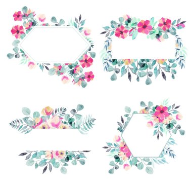 Set of watercolor spring floral frames and borders of pink flowers, wildflowers, green leaves, branches and eucalyptus;  hand painted isolated illustrations on a white background clipart