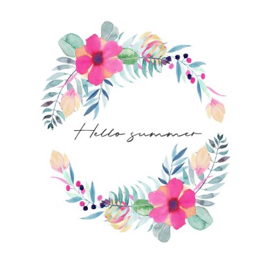 Wreath of watercolor plants, pink flowers and wildflowers;  hand painted isolated illustrations on a white background clipart