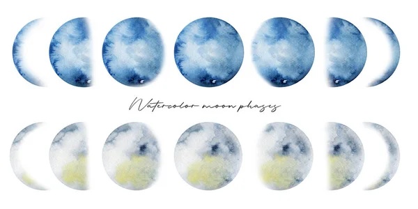Akvarel Umělecké Měsíc Fáze Kolekce Ručně Malované Izolované Ilustrace Bílém — Stock fotografie